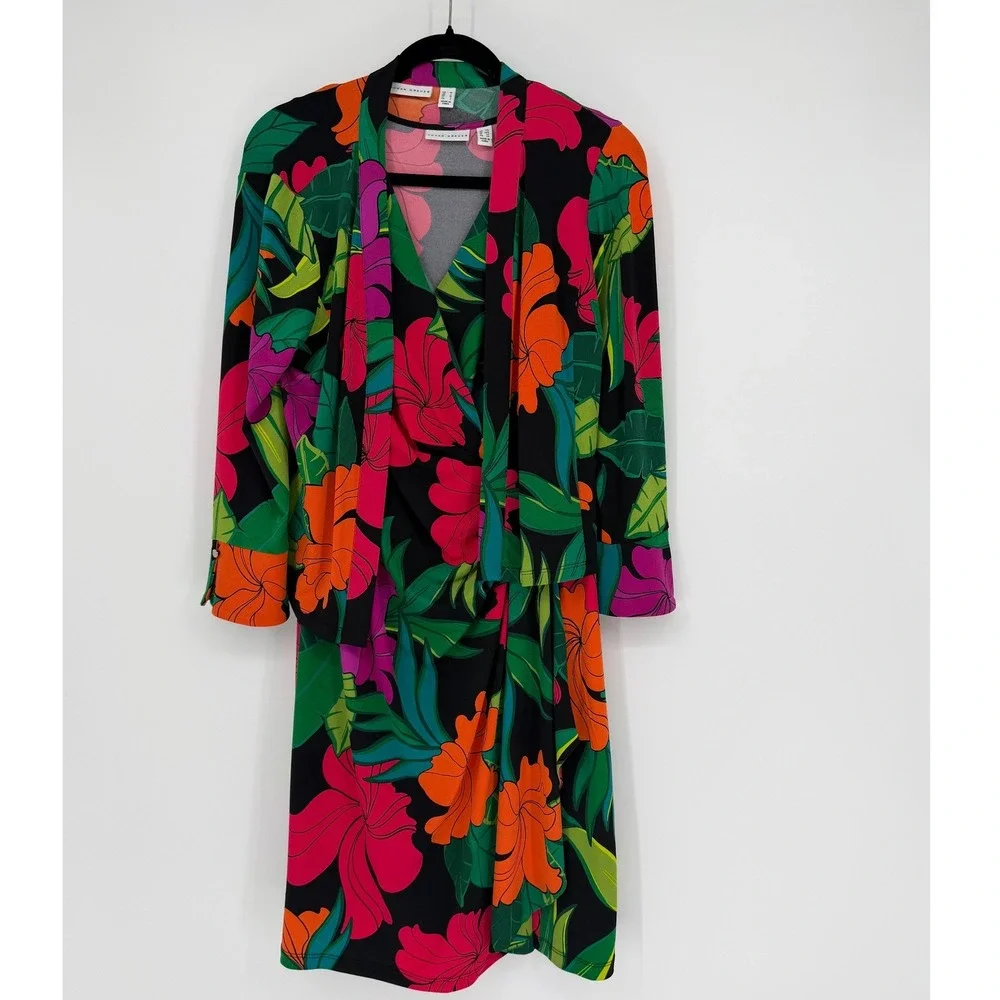 Susan Graver Liquid Knit Tropical Floral Dress and Cardigan Set Black Multi M